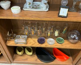 Apollo Studios Gilded Brass & Glass Vanity Jewelry Box - Duncan & Miller Paul Mall Clear Ashtray w/Metal Carrier - WWII Victory Glasses with Pin-Up Girls - Peekaboo Glasses - Pairpoint Glass Cup Plates