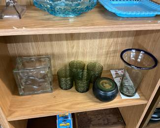 Glass Display Case or Napkin Holder - Anchor Hocking Soreno Avocado Green Juice Glasses - Russian Lacquer Box - Hurricane Candle Holder