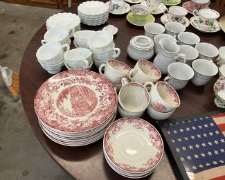 Johnson Brothers Heritage White Milk Glass Cups & Saucers - Wedgewood Harvard University Red Transferware Design Dinnerware