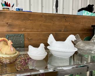 Hazel Atlas Small White Milk Glass Chicken on Nest - White Milk Glass Hen on Nest