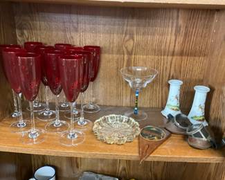 Ruby Red Champagne Flutes - Crate & Barrel Caprice Magarita Glass - Hazel Atlas Starburst Ashtray - Goggles - Union K Czechoslovakia Porcelain Candlestick Holders