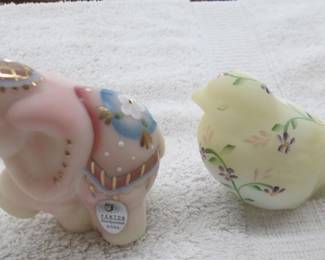 Fenton Figurines Frosted Glass Elephant & Bird