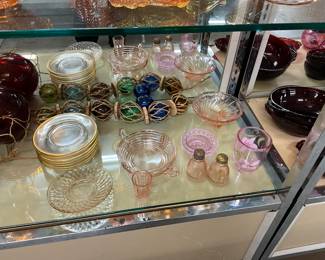 Fostoria Gold Trim Saucers - Pink Depression Glass