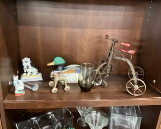 Dog & Cat Figurine - Brass Horse on Wheels - Wooden Mallard Duck - Metal Salesman Sample Miniature Trike