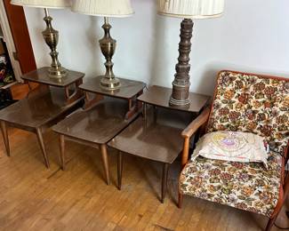 Lots of midcentury end tables, chairs and other furniture
