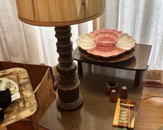 Midcentury end table pair; lamp