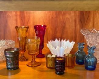 Colored Glassware Amber, Carnival, Red, Blue, Opalescent Clear Cut Glass