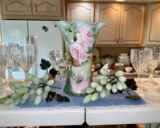 Hand painted Vase,  stone grape clusters, Mikasa "Park Lane" stemware
