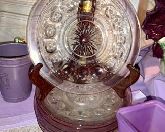 Tiffin, Ruby Red/Cranberry, Flashed Kings Crown Thumbprint, matching plates 