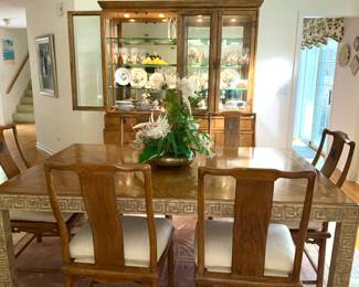 Drexel Heritage, Dining Room set.  China Cabinet. Server / Buffet. Table with 8 Chairs, 2 leaves.  Heritage Tamerlane  Collection. Asian Inspired Design w/ curved lines, brass hardware, high quality, stylish and timeless pieces