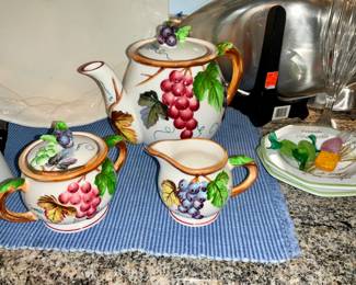vintage Lefton Majolica Grape Cluster Teapot, Creamer, and Sugar Bowl Set. 