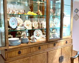 Drexel Heritage, Dining Room set.  China Cabinet. Server / Buffet. Table with 8 Chairs, 2 leaves.  Heritage Tamerlane  Collection. Asian Inspired Design w/ curved lines, brass hardware, high quality, stylish and timeless pieces