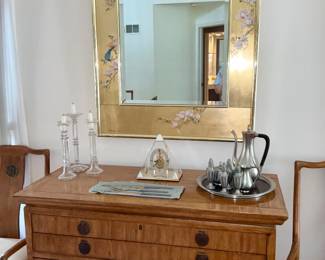 Drexel HeritagDrexel Heritage, Dining Room set.  China Cabinet. Server / Buffet. Table with 8 Chairs, 2 leaves.  Heritage Tamerlane  Collection. Asian Inspired Design w/ curved lines, brass hardware, high quality, stylish and timeless piecese Server, 