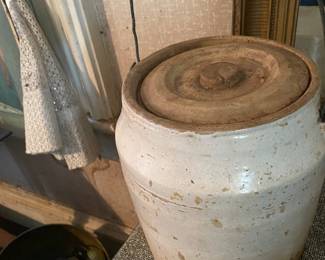 Antique Stoneware Crock/Lid/ Wire Handle