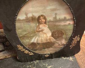 Antique Little Girl and Dog, Black Antique Gold Framed
