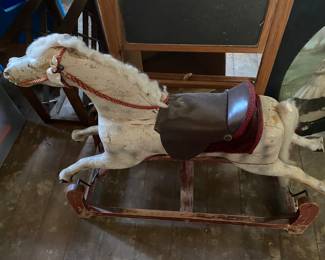 Antique Child  Wood Glider Horse, Leather Reins/Saddle/ Horse Hair Fur, Leather Ears