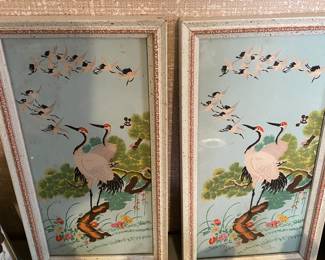 Antique Chinese Hand Painted Reverse on Glass. Flock of Cranes