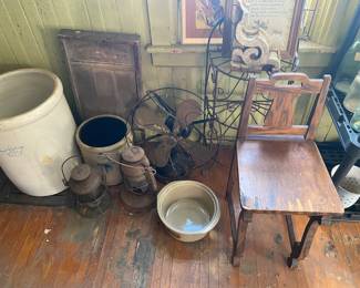 Antique Crocks. Lanterns, Washboard