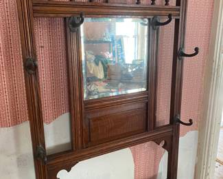 Antique Mahogany Hall Tree with Original Hardware, Beveled Mirror