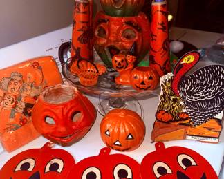 Vintage Paper mache & cardboard pumpkins & Halloween decor