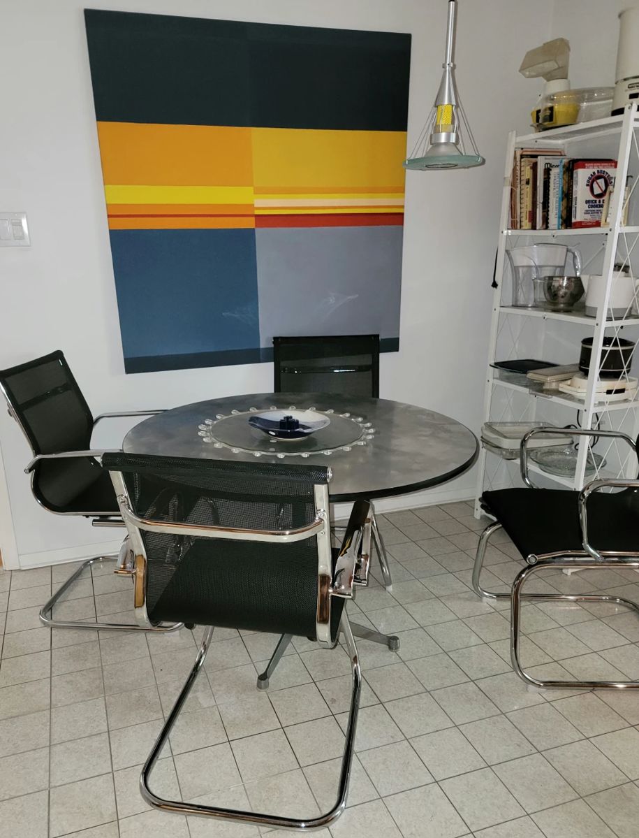 Contemporary Breakfast Set with Tulip Style Table and 4 Heavy Chairs. Modern art panel