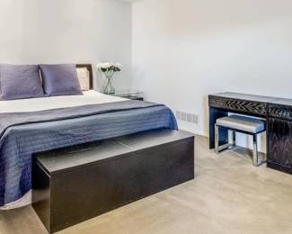 King Bedroom Suite shown with Italian furniture: Vanity, Storage Chest, side table and blanket chest