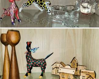 Mexican art figurines, Dansk wood candlesticks, wood houses