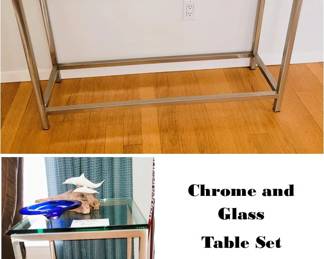 Chrome and Glass Occasional Table Set.  Entry Table and 2 side tables