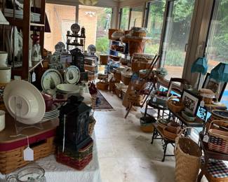 lots of baskets in the sun room