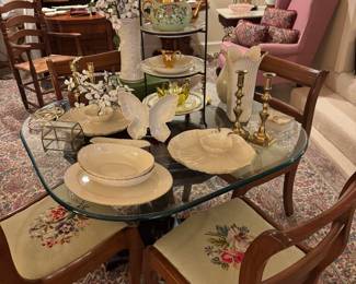 Column table with tempered glass top, set of four chairs