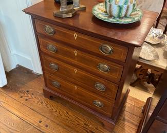 Small craftique inlaid chest, Vintage cabbage lidded bowl with underplot, pair of large brass flower pot door stops
