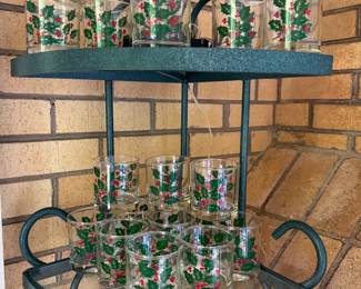 Holiday glassware on a cast iron corner rack