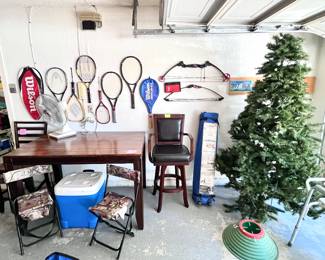 Bar height table, camping chairs, tennis rackets