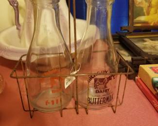 2 Vintage Milk Bottles w Wire Carrier