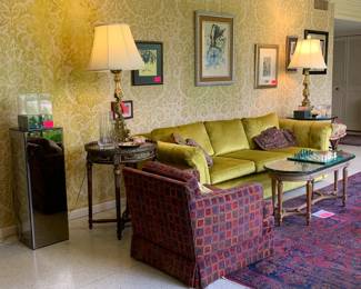 Living room - Chartreuse Sofa (love), Dali print, Liturgical Candlesticks converted to lamps