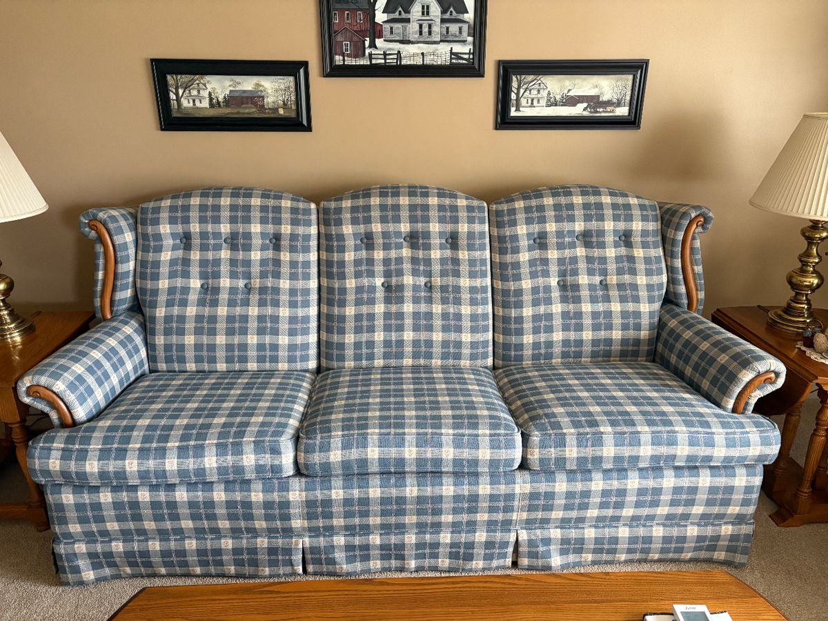 Pristine blue plaid couch. Rarely sat on! $150