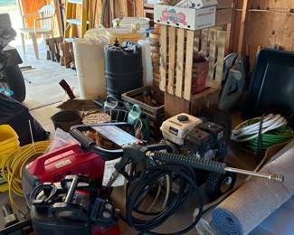 Pressure washer, rugs, hoses, and pancakes compressor
