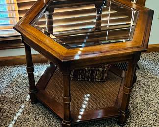 Two tier glass and wood table.