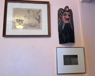 hand carved Mexican mask and framed art