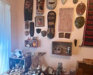 vintage Mexican & African masks, skulls, bones, geodes, fossils, vintage Mexican folk art, and other curiosities!
