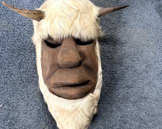 vintage hand carved real fur Mexican mask with horns