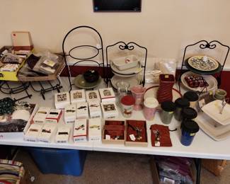 Longaberger pottery, pie plate holders, basket liners, Hallmark ornaments and other treasures