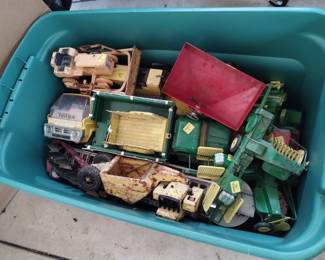 Tote of toys waiting to be displayed