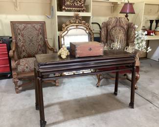 Large decorative upholstered chairs -entryway table -gold gilt mirror-cluster grapes- vintage box