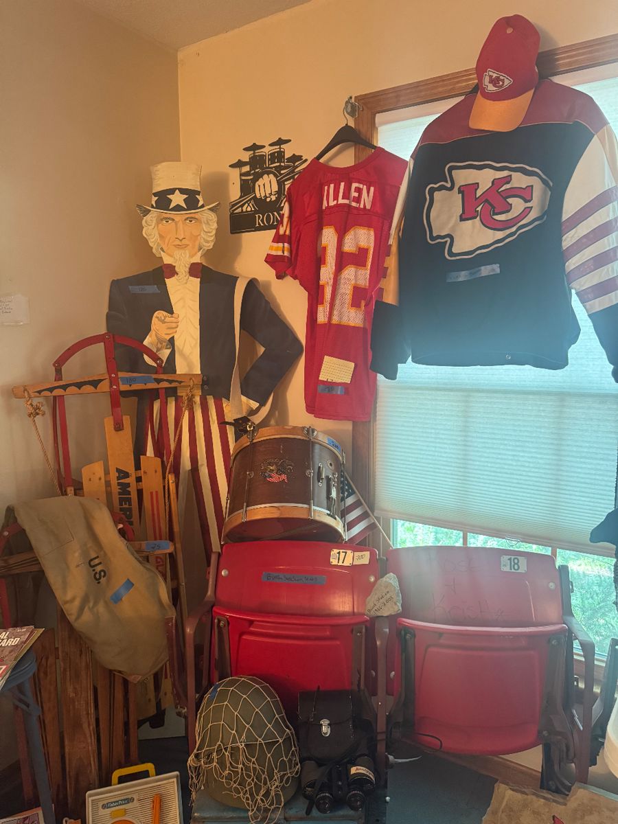 Uncle Sam custom 6 foot 
Cardinals bush stadium seats
World war helmet
Antique toys
Two sleds 
Cardinals outdoor patio rock
Chiefs vintage bomber jacket leather arms, Marcus Allen original Wilson jersey 1990’s mesh 
Antique drum 1900’s  