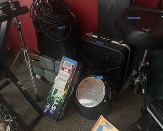 Cases and large drummer chair and portable stands 