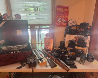 Antique guliette accordion solid marble pearl keys and made 1940’s dad was a Jaz player 
Antique Stevens vintage riffle long 22 in 
Antique hand carved large soward
Mahogany sord hidden stick 
Antique cameras and 
Military issue sord for gun on war rifle 