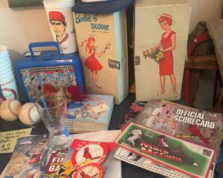 Barbie skipper doll, clothing, shoes, Multi dolls inside unique piece 
Vintage Dalmatians lunch box w thermos 
Cardinals game day cards and vintage cups 
Original easy bake over, fisher price record player w records working 
Multi vintage hats Mickey Mouse , World Series and more 