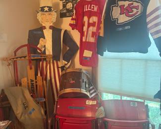 Uncle Sam custom 6 foot
Cardinals bush stadium seats
World war helmet
Antique toys
Two sleds
Cardinals outdoor patio rock
Chiefs vintage bomber jacket leather arms, Marcus Allen original Wilson jersey 1990’s mesh
Antique drum 1900’s