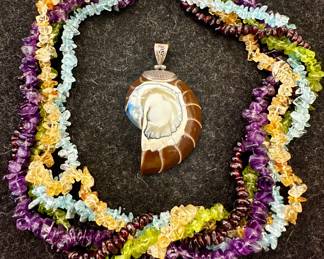 Tumbled Gemstone Necklace & Nautilus Shell Pendant
